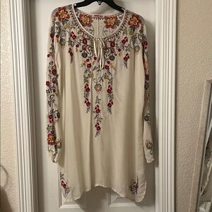 Johnny Was Beige Blouse with Red and Yellow Embroidery